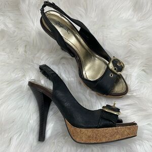 Vintage Black Gold buckle heels Cupid 8 fits 7/7.5 flawed peeling slingback